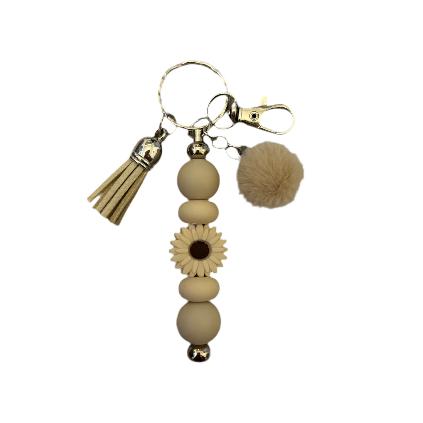 ‘Beige Flower’ Beaded Bar Keyring